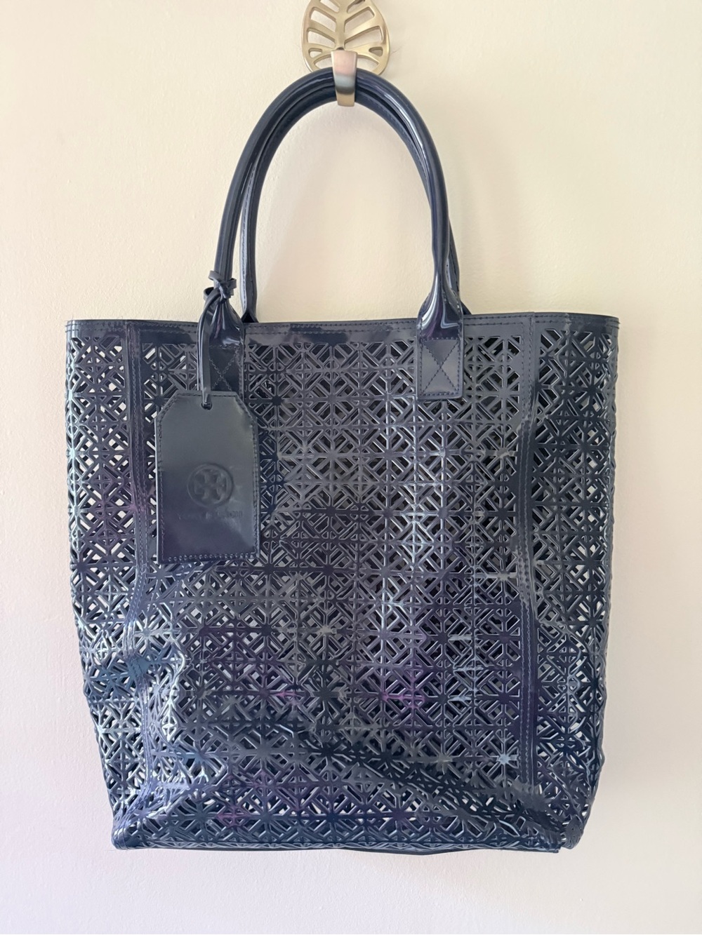 Tory Burch Navy Blue Perforated pvc Lattice Open Weave Woven Tote Beach Bag